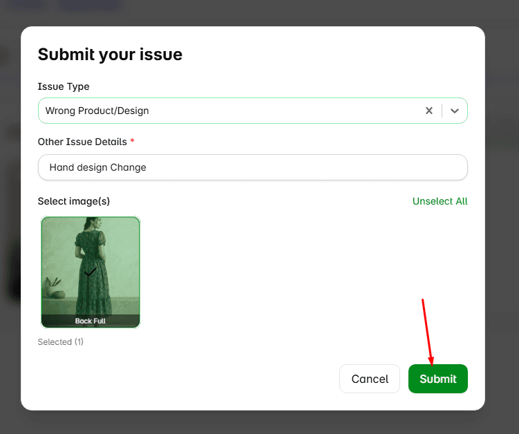 Submit your issue dialog with Issue Type, Other Issue Details, selected output thumbnails, and Submit button