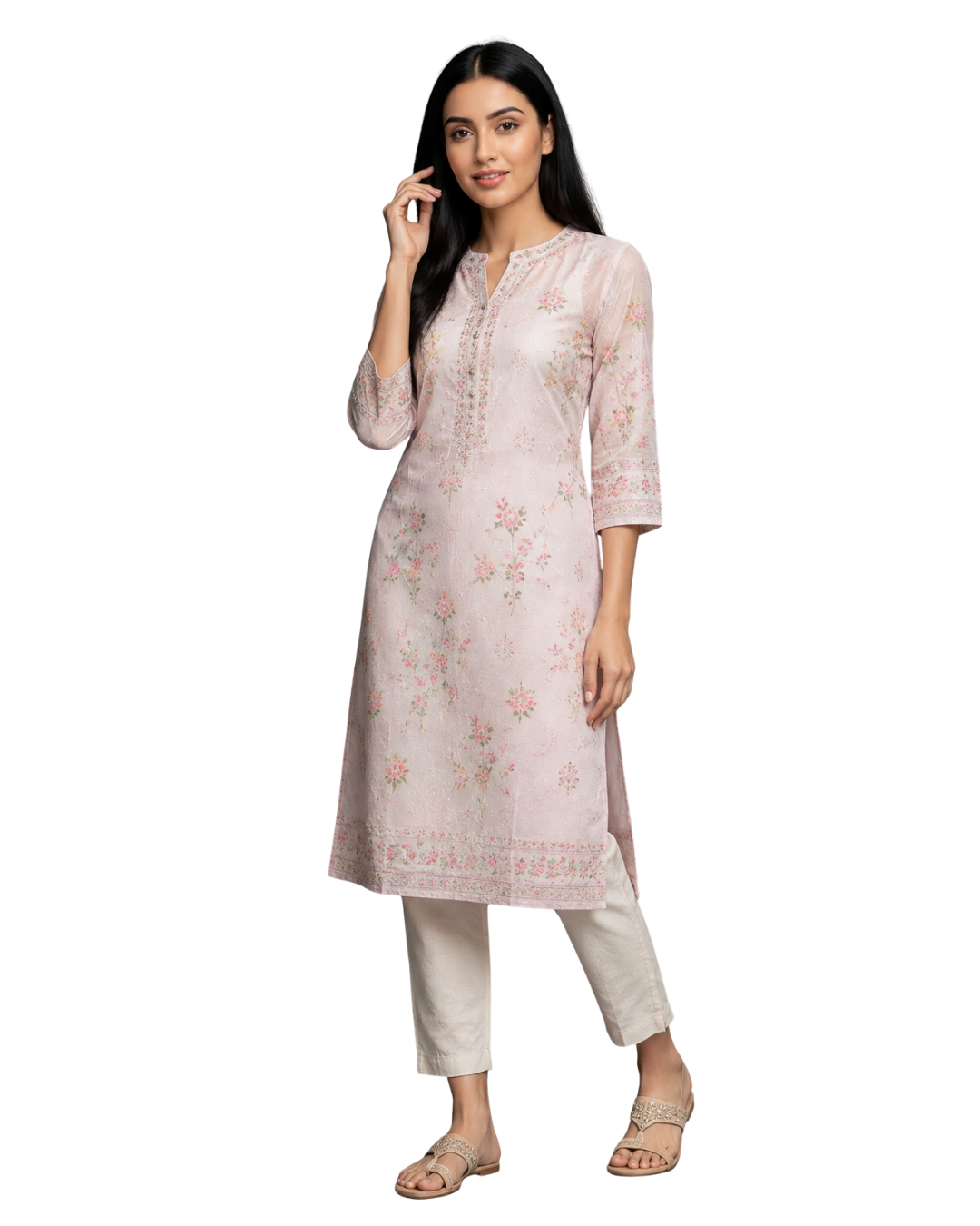 Woman wearing a floral pink kurta