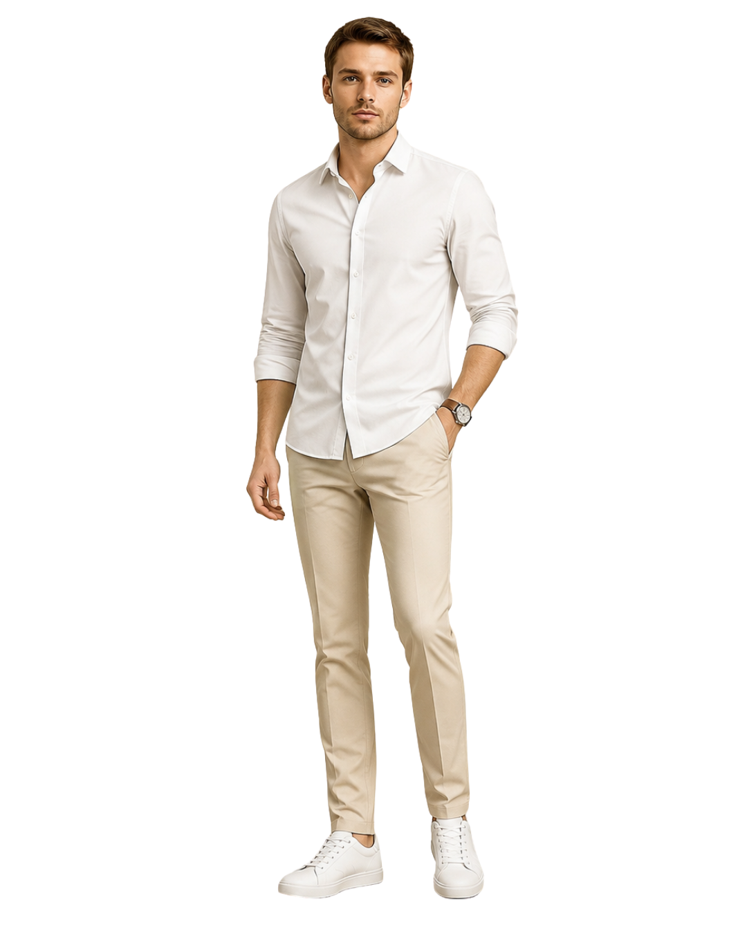 Man wearing a white shirt and beige trousers