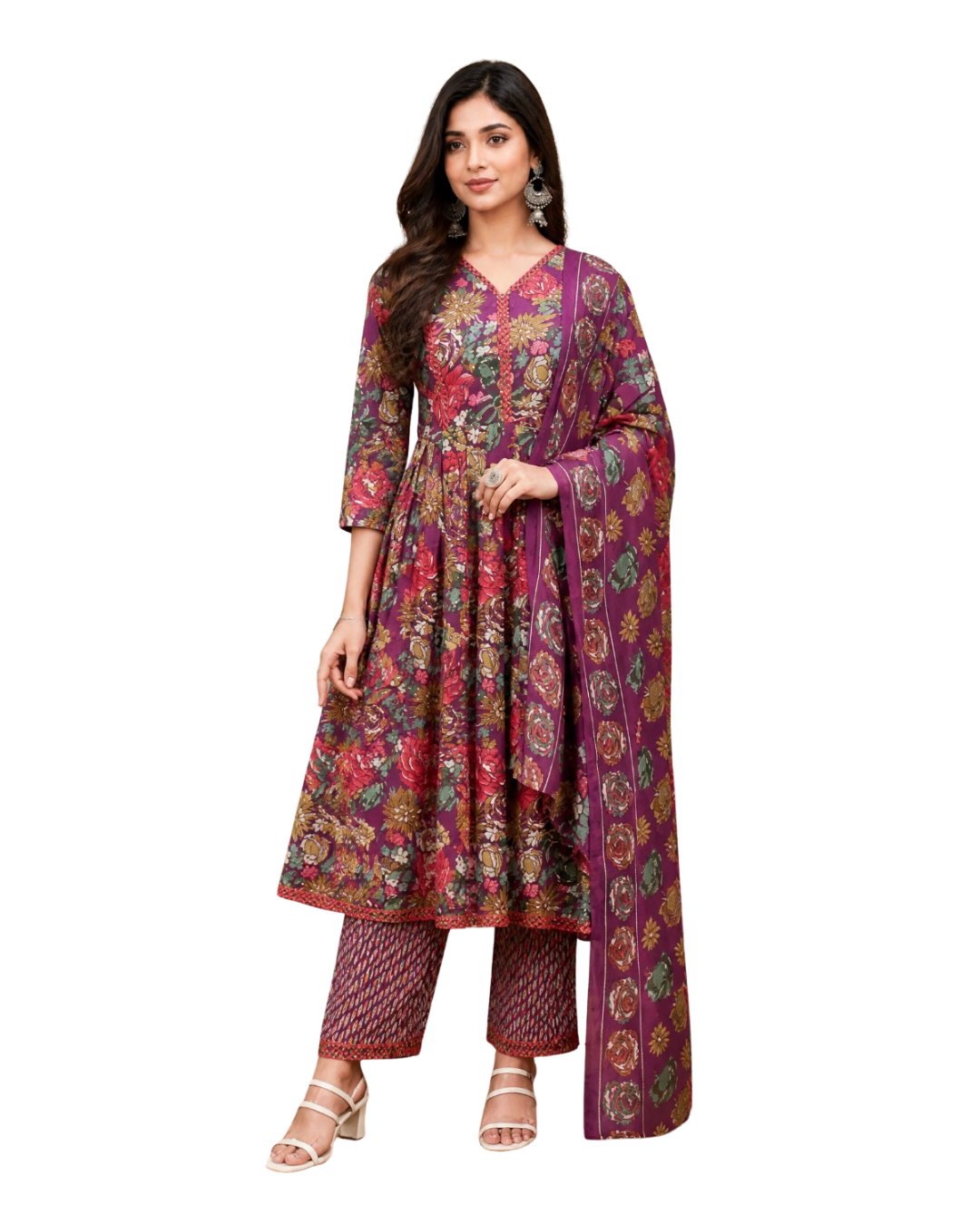Woman wearing a floral purple salwar suit