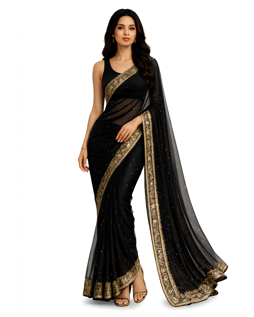 Woman wearing a black and gold saree