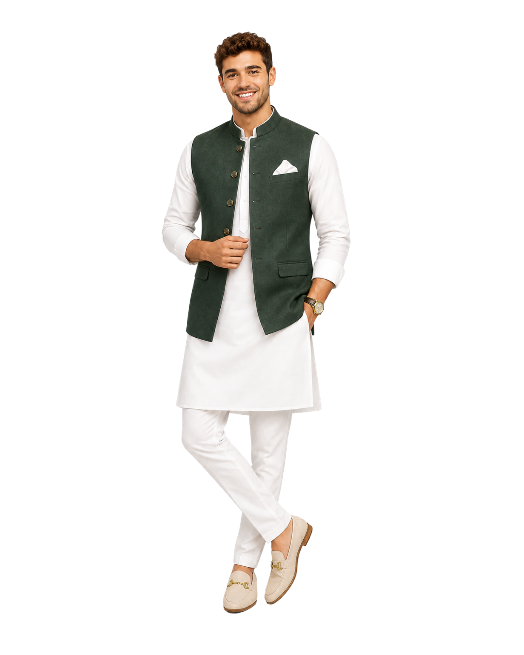 Man wearing a green Nehru jacket